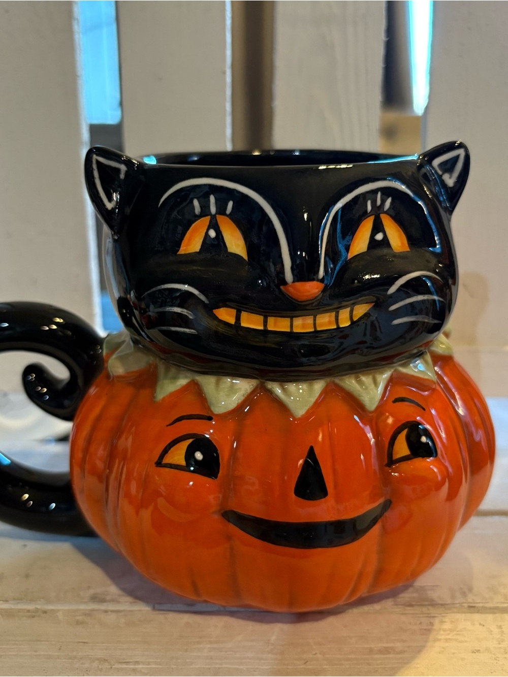 Magenta Black & Orange Cat-on-Pumpkin Ceramic Mug